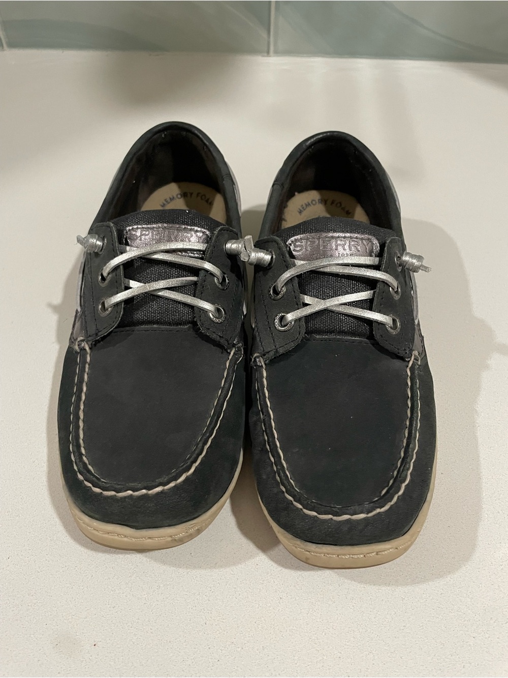 Sperry Black Nubuck Boat Shoes with Cream Sole and Silver Accents